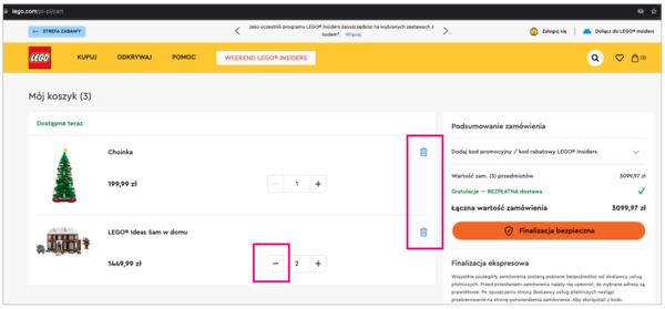 Robiąc zakupy w Lego, można usunąć z koszyka pojedyncze sztuki produktów lub całą pozycję. 