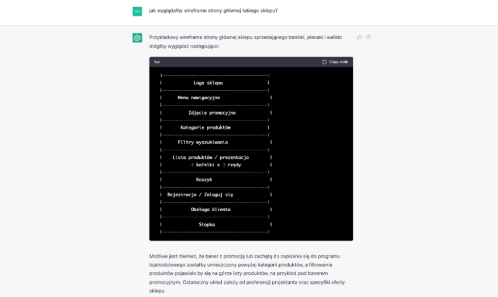 Example of a page structure proposed by ChatGPT.