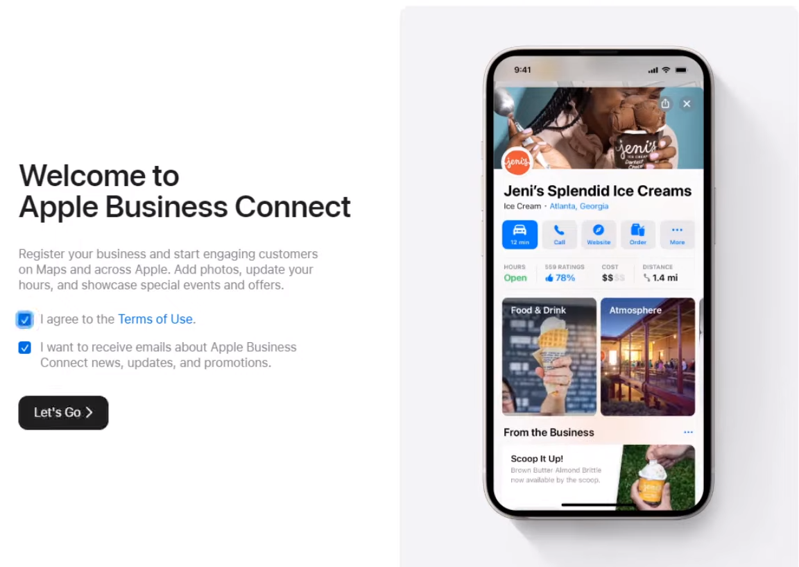 Welcome Page of Apple Business Connect
